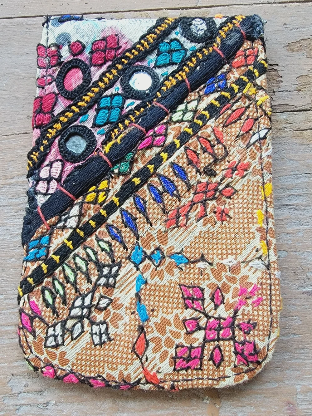Free People embroidered banjara boho repurposed vtg leather wallet card case